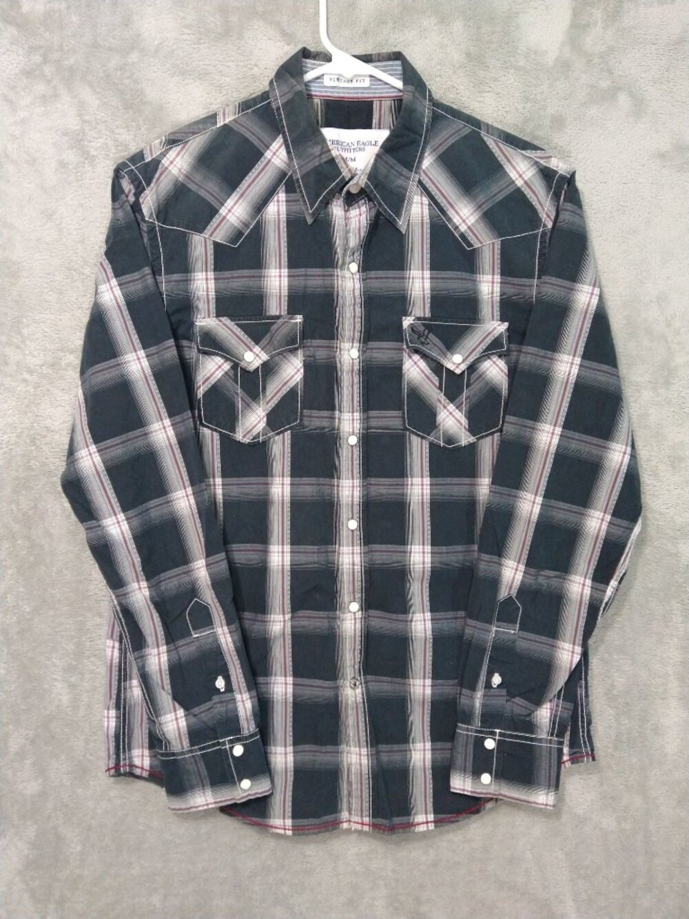 American Eagle Shirt Mens Medium Black Plaid Vintage Fit Pearl Snap Long Sleeve